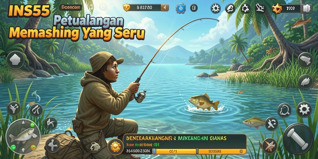 Screenshot gameplay INS55 yang menampilkan aksi memancing seru.