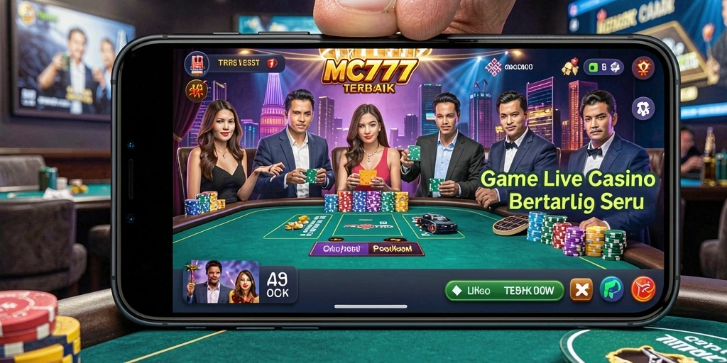 Screenshot MC777 menampilkan dealer yang ramah dalam permainan Live Casino.