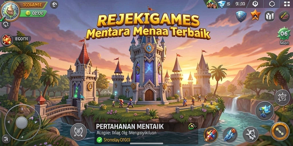 Tampilan gameplay seru dalam REJEKIGAMES dengan menara dan musuh.
